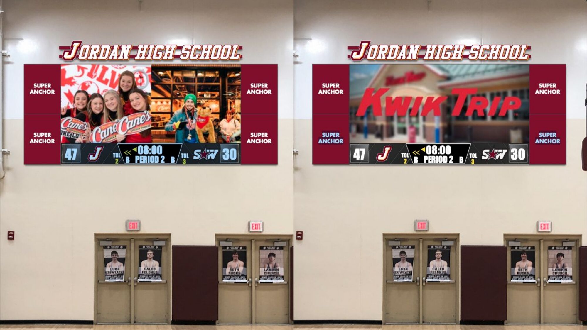Rendering of the gymnasium video scoreboard showing sponsor placements