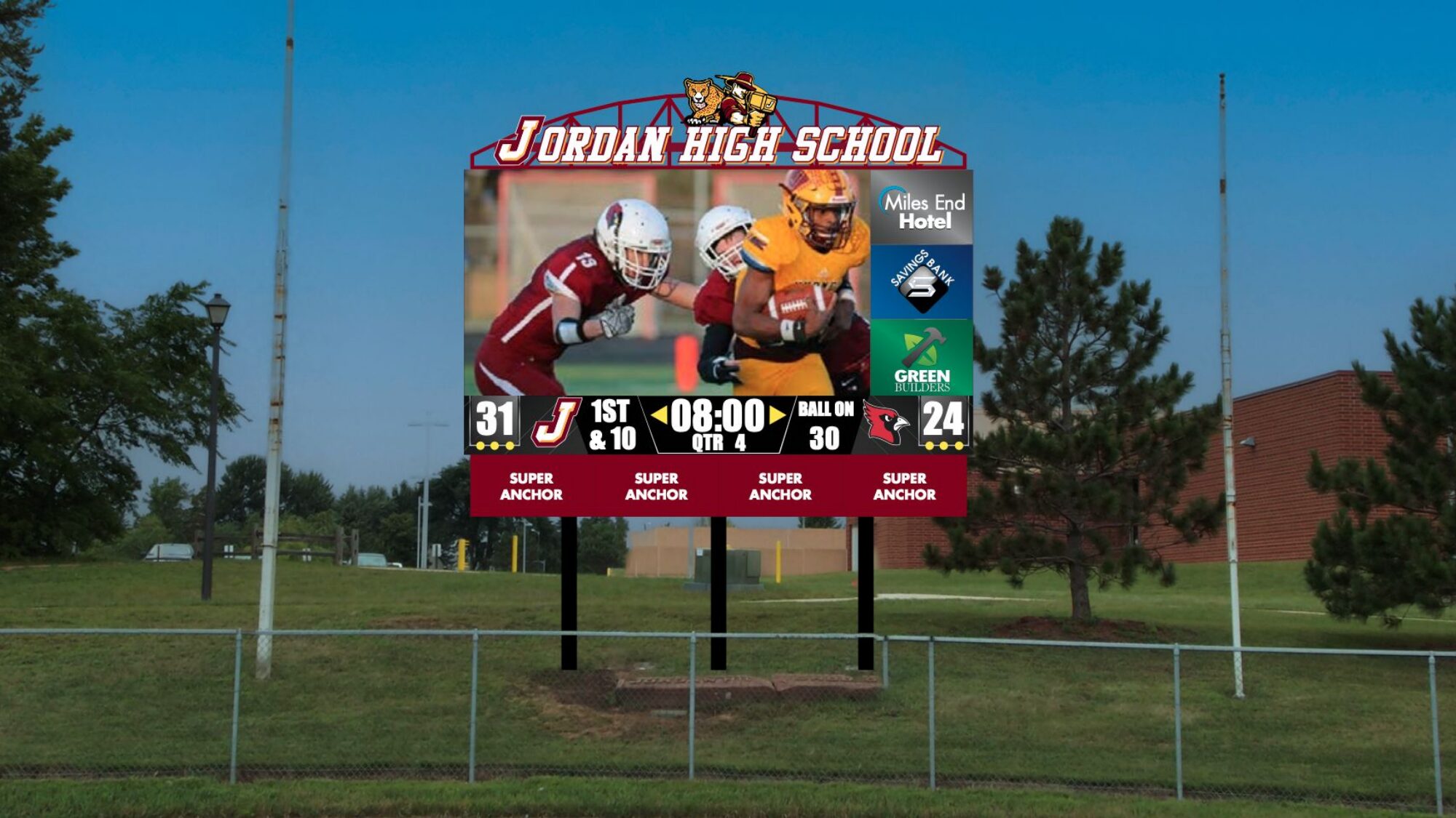 Rendering of the video scoreboard at Ames Field showing sponsor panels